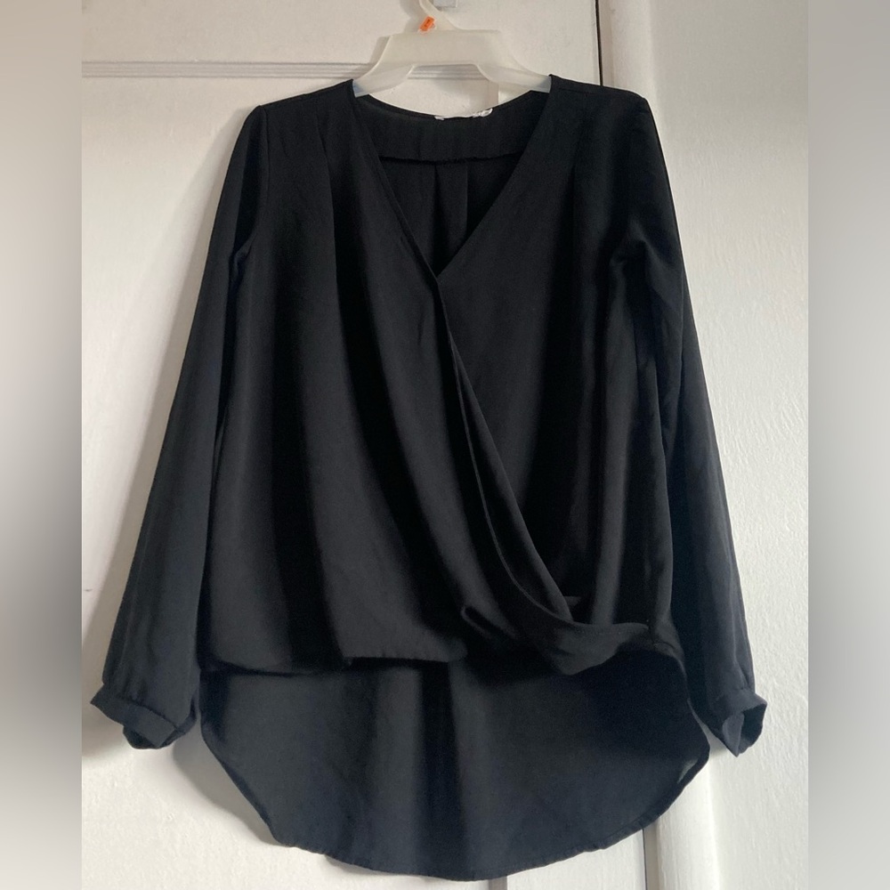 Lush Black Wrap Asymmetrical Long Sleeve Blouse